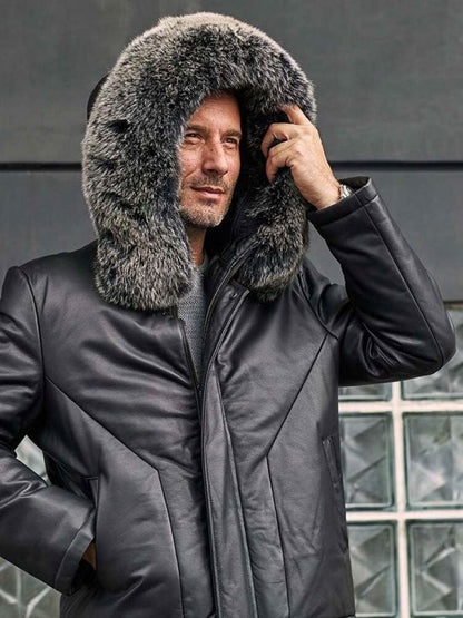 Leather Down Jacket with Fox Fur Collar Hooded Winter Overcoat Long Warm Outwear