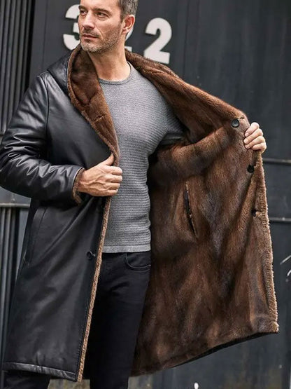 Cowhide Shearling Fur Hooded Leather Parka Coat