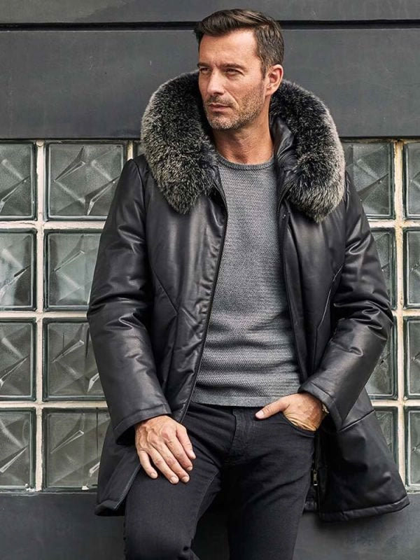 Leather Down Jacket with Fox Fur Collar Hooded Winter Overcoat Long Warm Outwear