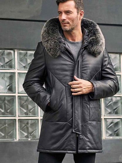 Leather Down Jacket with Fox Fur Collar Hooded Winter Overcoat Long Warm Outwear