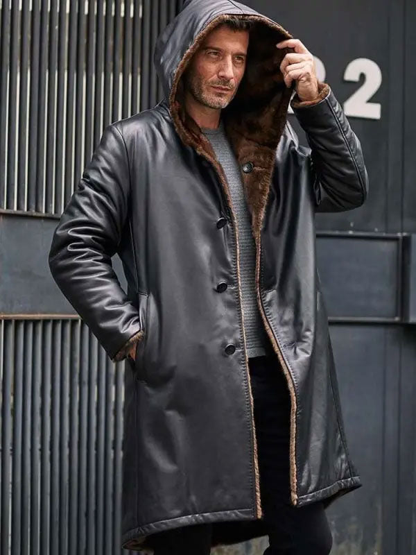 Cowhide Shearling Fur Hooded Leather Parka Coat