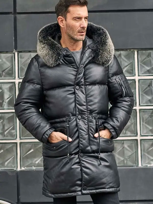 Leather Down Jacket with Fox Fur Collar Long Winter Coat Hooded Warm Overcoat