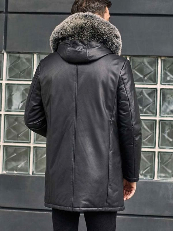 Leather Down Jacket with Fox Fur Collar Hooded Winter Overcoat Long Warm Outwear