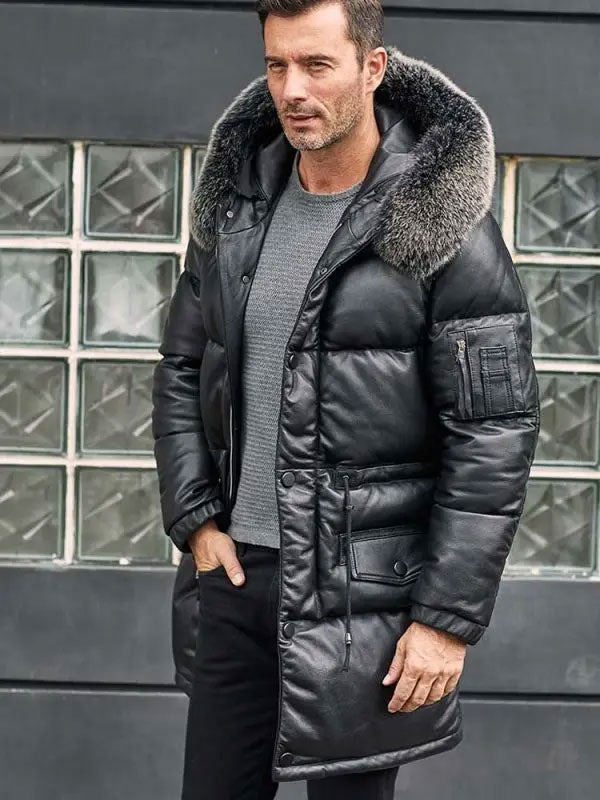 Leather Down Jacket with Fox Fur Collar Long Winter Coat Hooded Warm Overcoat