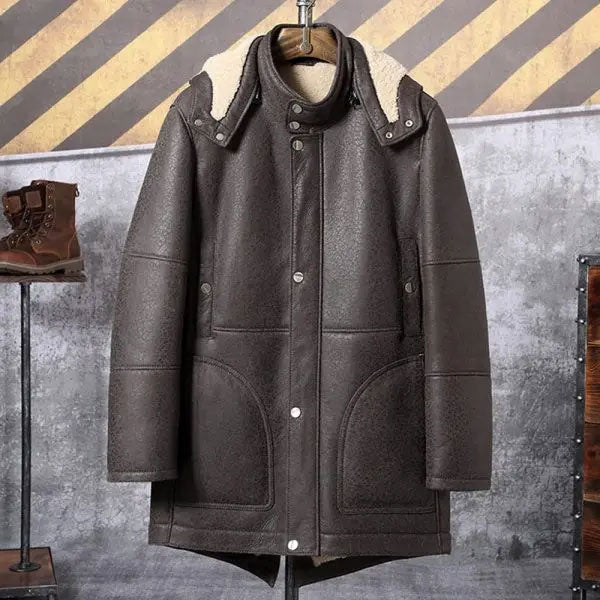 Men's Hooded Shearling Leather Long Trench Coat