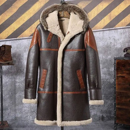 Men's Hooded Bomber Shearling Leather Jacket Trench Coat