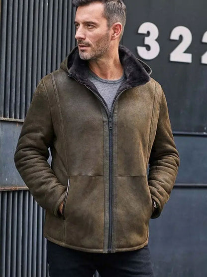 Men's Oversize Casual Short Leather Jacket with Removable Hooded Fur Coat