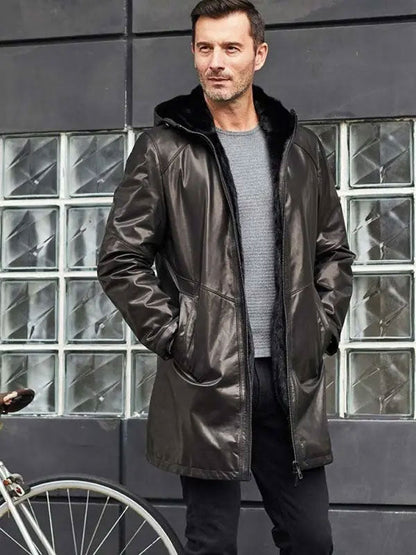 Men's Shearling Fur Hooded Leather Trench Coat