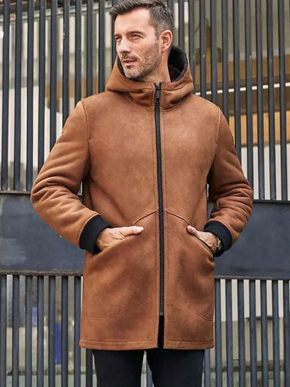 Men's Brown Sheepskin Shearling Fur Hooded Winter Overcoat