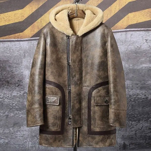 Men's Long Hooded Sheepskin Leather Fur Coat for Winter"