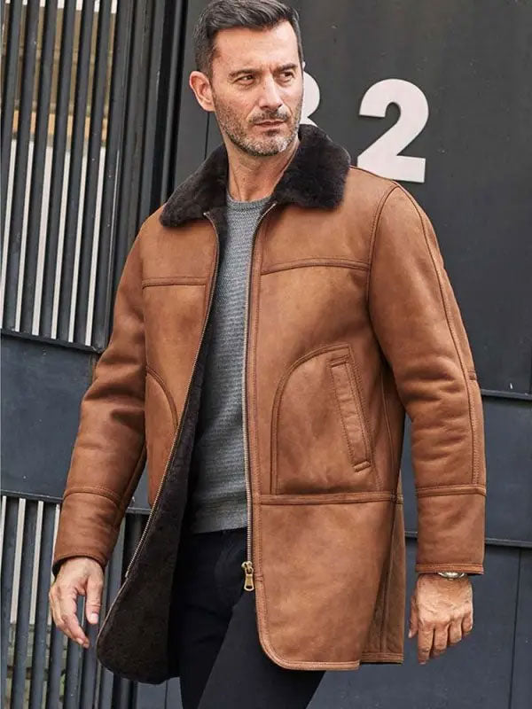 Men's Hooded Natural Sheepskin Leather Jacket with Fur Overcoat