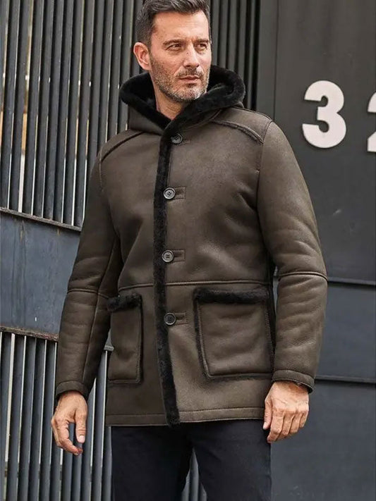 Men's Hooded Leather Fur Coat Overcoat