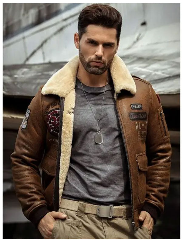 Men's B3 Flying Leather Coat Embroidered Bomber Jacket