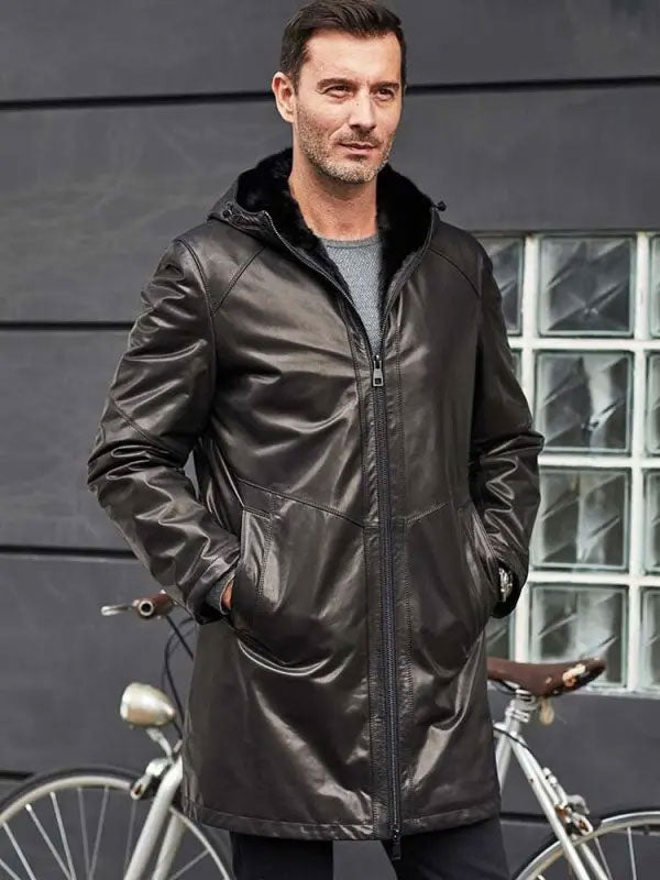 Men's Shearling Fur Hooded Leather Trench Coat