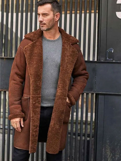 Winter Brown Fur Leather Long Trench Overcoat Outwear