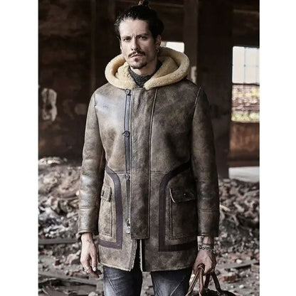 Men's Long Hooded Sheepskin Leather Fur Coat for Winter"