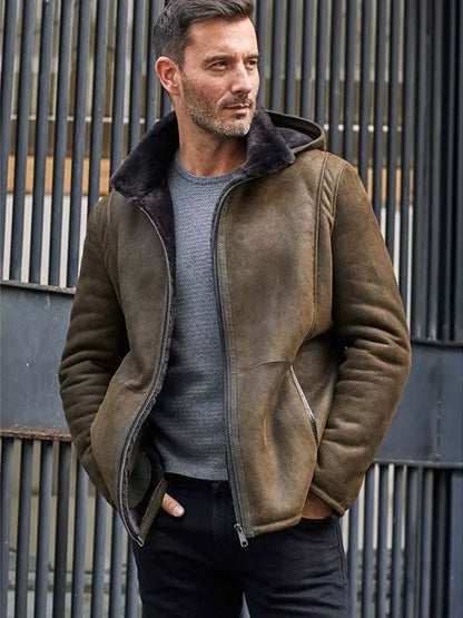 Men's Oversize Casual Short Leather Jacket with Removable Hooded Fur Coat