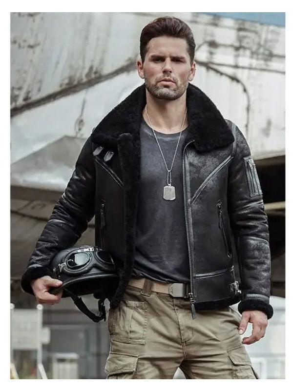 Men's Aviator Winter Coat Fur Bomber Leather Jacket