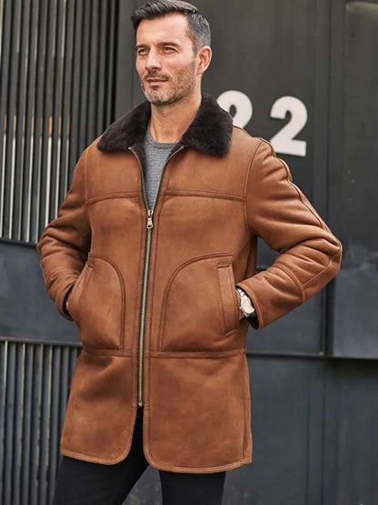 Men's Hooded Natural Sheepskin Leather Jacket with Fur Overcoat