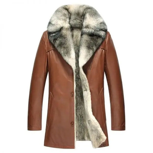 Men's Long Genuine Leather Sheepskin Jacket with Lambskin Liner