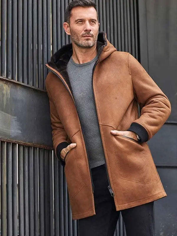 Men's Brown Sheepskin Shearling Fur Hooded Winter Overcoat