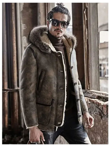 Men's Hooded Shearling Collar Leather Bomber Jacket