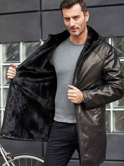 Men's Shearling Fur Hooded Leather Trench Coat