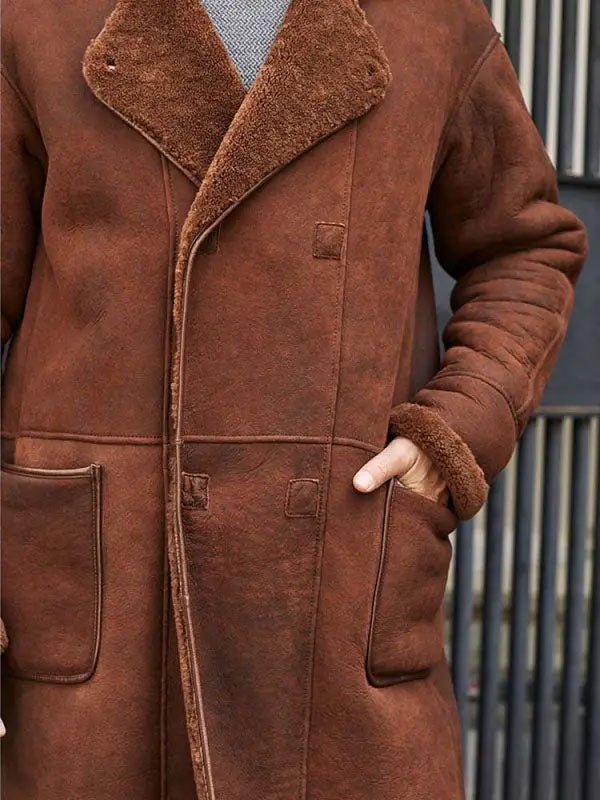 Winter Brown Fur Leather Long Trench Overcoat Outwear