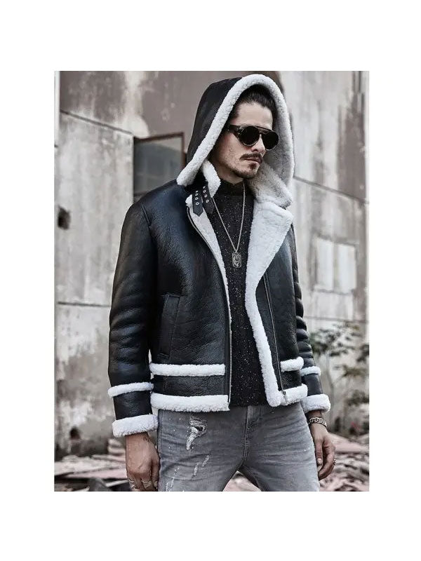 Men's Hooded Sheepskin Leather Bomber Jacket Short Coat