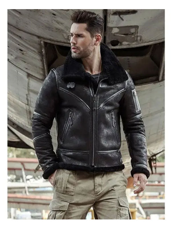 Men's Aviator Winter Coat Fur Bomber Leather Jacket