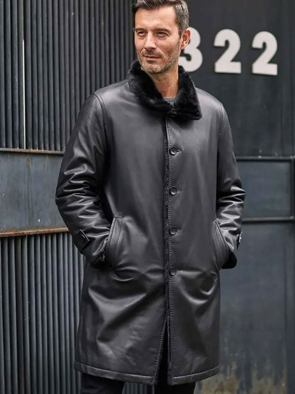 Black Fur Leather Parka Long Trench Coat