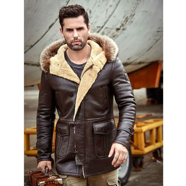 Mens B3 Leather Bomber Shearling Trench Coat