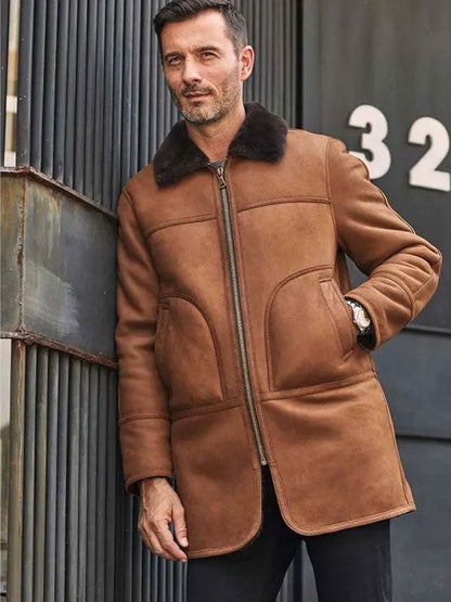 Men's Hooded Natural Sheepskin Leather Jacket with Fur Overcoat