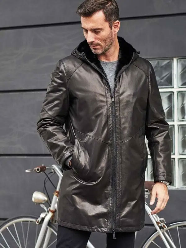 Men's Shearling Fur Hooded Leather Trench Coat