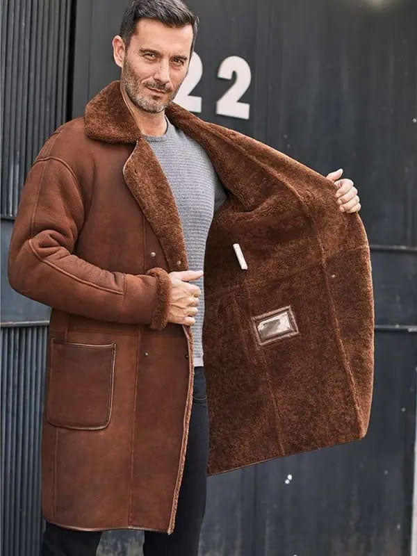 Winter Brown Fur Leather Long Trench Overcoat Outwear