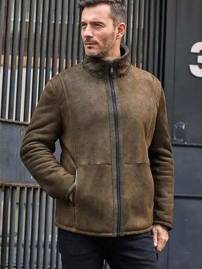 Men's Oversize Casual Short Leather Jacket with Removable Hooded Fur Coat