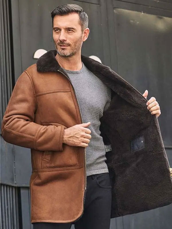 Men's Hooded Natural Sheepskin Leather Jacket with Fur Overcoat