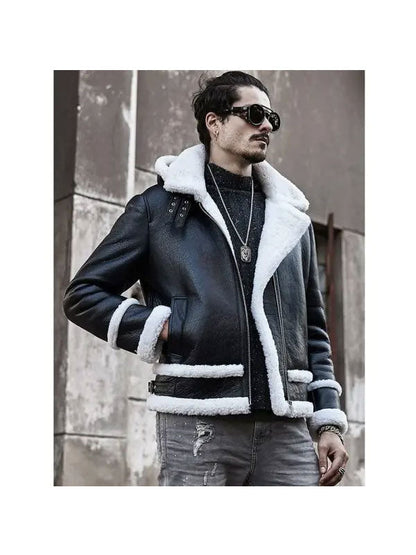 Men's Hooded Sheepskin Leather Bomber Jacket Short Coat