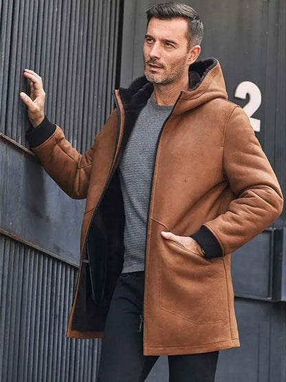 Men's Brown Sheepskin Shearling Fur Hooded Winter Overcoat