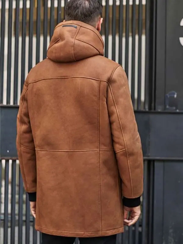 Men's Brown Sheepskin Shearling Fur Hooded Winter Overcoat