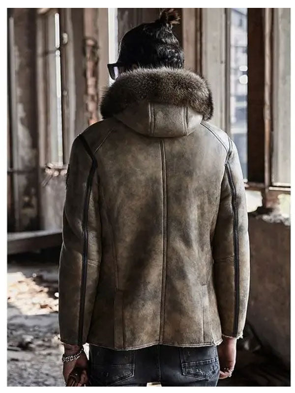 Men's Hooded Shearling Collar Leather Bomber Jacket