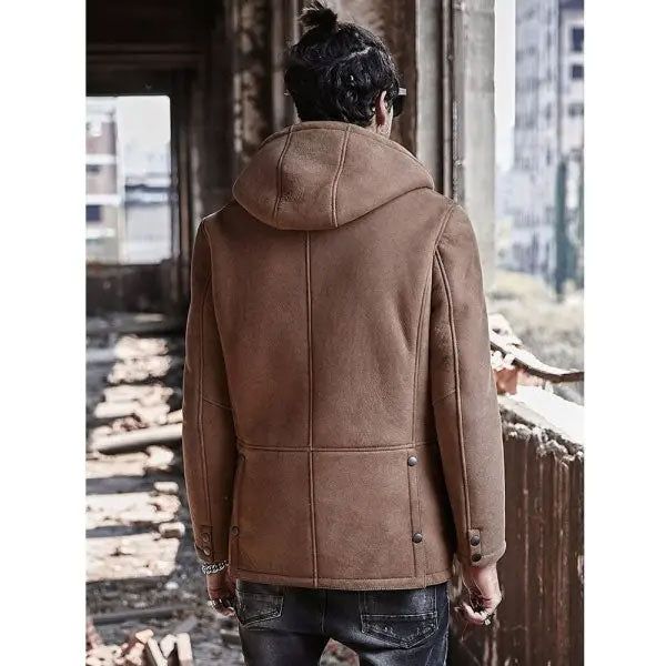 Men's Shearling Hooded Suede Leather Bomber Long Jacket Trench Coat