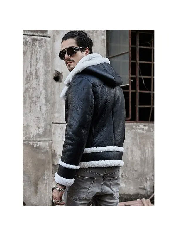 Men's Hooded Sheepskin Leather Bomber Jacket Short Coat