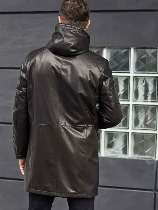 Men's Shearling Fur Hooded Leather Trench Coat