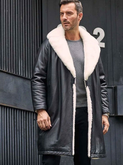 Men's Winter Shearling Fur Black Leather Long Trench Coat Outerwear