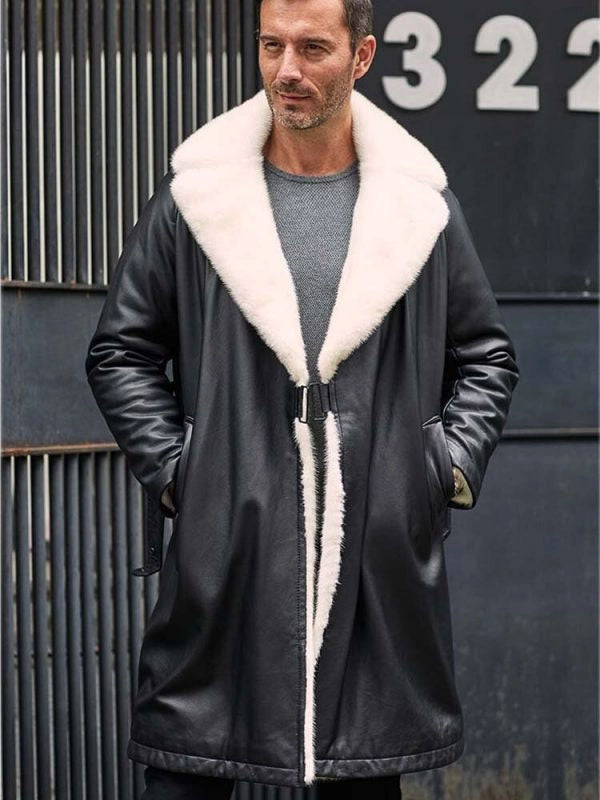 Men's Winter Shearling Fur Black Leather Long Trench Coat Outerwear