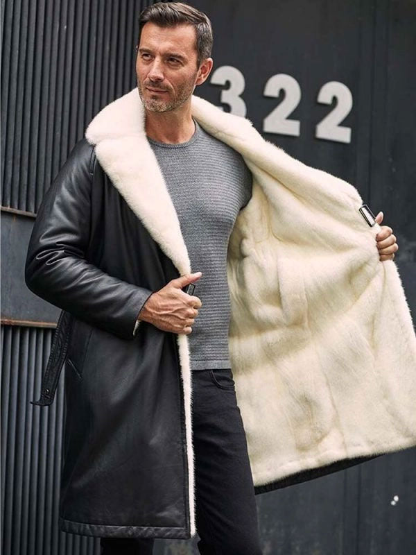 Men's Winter Shearling Fur Black Leather Long Trench Coat Outerwear