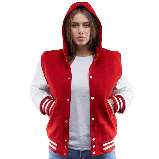 Women's Red &amp; White Sleeve Hooded Varsity Leather Jacket