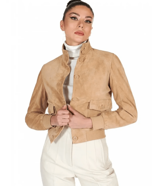 Women's Tan Brown Suede Trucker Leather Bomber Jacket