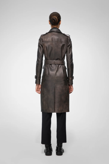 Women's Coffee Brown Belted Leather Coat